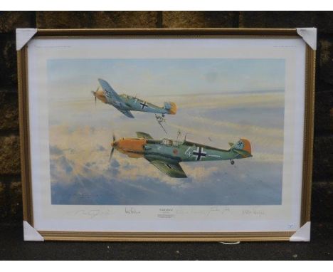 Robert Taylor signed limited edition print 98/1250 "Eagle Attack" Messerschmitt ME109s attacking Spitfires, 13th August 1940 