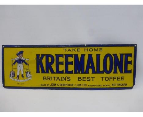 An unusual Kreemalone"Britain's Best Toffee" part pictorial enamel sign, with some small areas of amateur retouching, 36 x 12