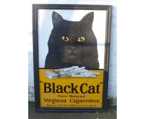 A "Black Cat" pure matured Virginia Cigarette pictorial enamel sign, set in a painted wooden frame, with some retouching, 26 
