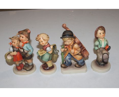 Four Hummel Goebel figures "Little Cellist", "Happy Traveller", "Bashful" and "Surprise" (three with original boxes)