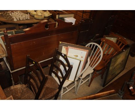 A pair of rush seated and ladder back dining chairs; a pair of painted stick back dining chairs and a pair of pine slat back 