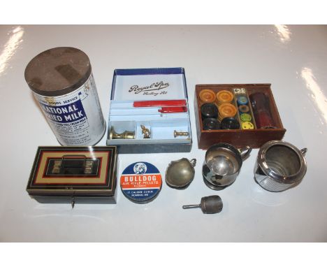 A box containing wax seal kit; various silver plated ware, advertising tin and a box of draughts