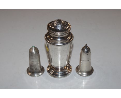 A Mappin & Webb silver plated sugar sifter and two Elkington plate salt and pepper pots 