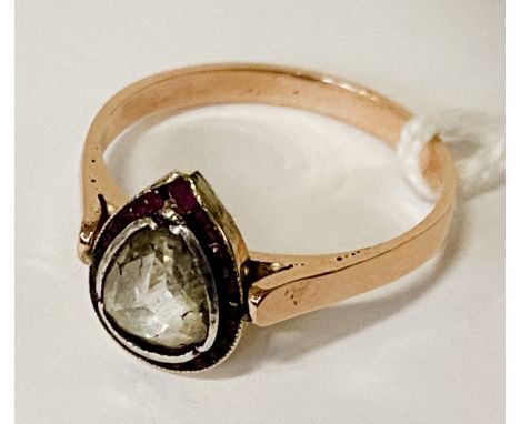 14CT TESTED ROSE GOLD RING WITH ROSE CUT DIAMOND &amp; RUBY RING - SIZE M 2.5 GRAMS APPROX