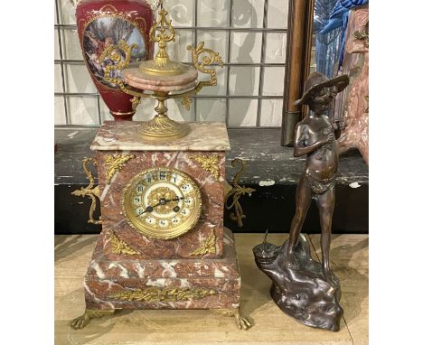PINK ONYX GILT CLOCK WITH A BRASS FIGURE OF A BOY SIGNED ''RANCOULET''
