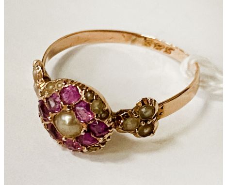 14CT GOLD RUBY &amp; SEED PEARL RING - SIZE M