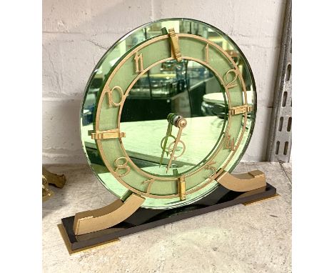 SMITHS ART DECO GREEN GLASS REFLECTIVE CLOCK 18.5CMS (H) APPROX