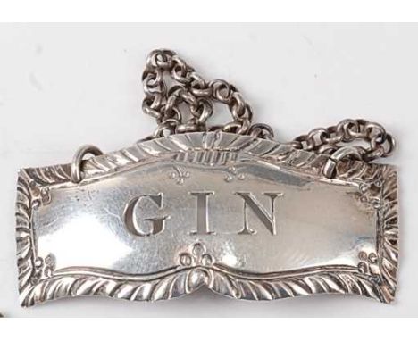 A George III silver decanter label for Gin, with chain, maker Hester Bateman, no date letter struck, 5cmCondition report: No 