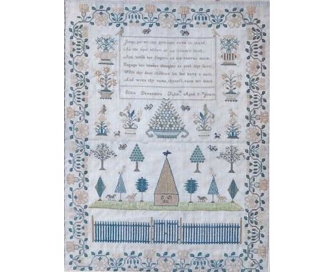 A William IV finely worked needlework verse and picture sampler, by Eleanor Devonshire, aged 9 years, dated 1835, 44 x 33cm, 