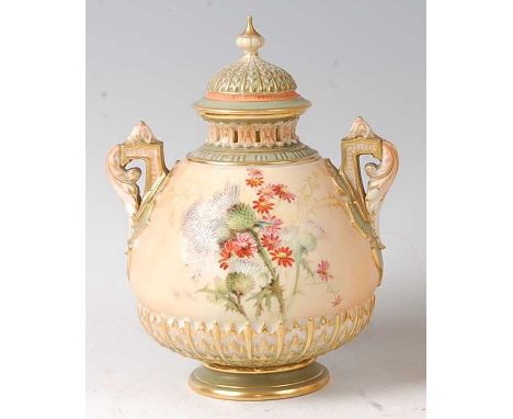 A Royal Worcester blushware pot pourri vase and cover, decorated with thistles and white flowers on a shaded blush ground, sh