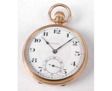 A 9ct yellow gold Rolex open face manual wind pocket watch, having a round white Arabic dial and subsidiary dial at 6 o'clock