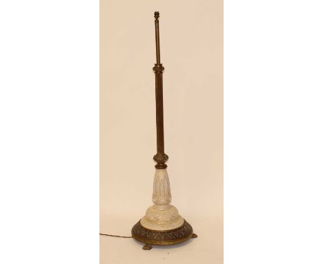 A late Victorian lacquered brass and stoneware telescopic lamp standard, probably Doulton Lambeth, having fluted and knopped 