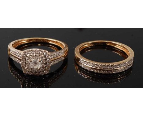A pair of 18ct yellow gold diamond rings, to include a cushion shaped cluster ring featuring a centre round brilliant cut dia
