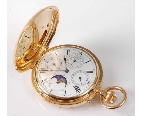 Army & Navy London - an 18ct gold cased gents full hunter perpetual calendar pocket watch, the case having engraved armorial 