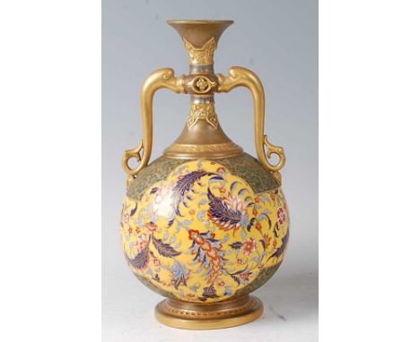A Royal Worcester porcelain twin handled globular vase, decorated with flowers and foliage in the imari palette on a yellow g
