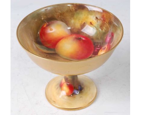 A Royal Worcester pedestal sweetmeat dish, decorated with fruit on a mossy bank by William Bee, printed blue mark, circa 1944