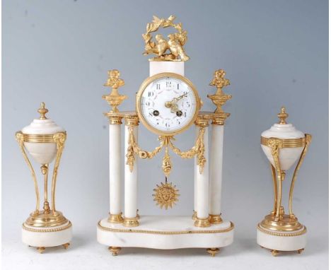 A mid-19th century French white marble and gilt brass portico clock garniture, having unsigned convex white enamel dial, twin