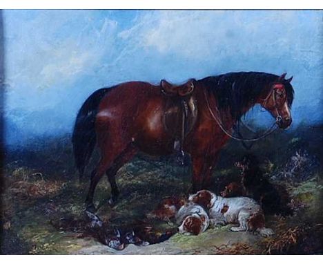 George Armfield (1808-1893) - Shooting pony with dogs and game, oil on canvas, signed and dated 1872 lower right, 30 x 40cmPr