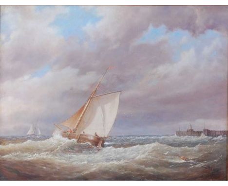 Attributed to John Moore of Ipswich (1820-1902) - Coastal scene with sailing vessels in choppy waters, oil on canvas, signed 