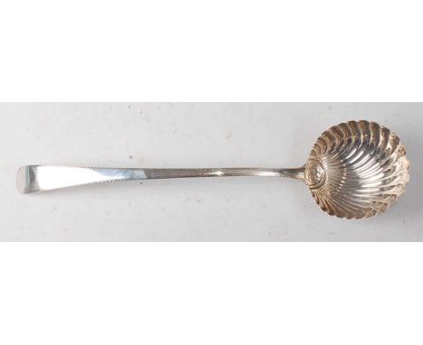 A George III silver soup ladle, in the Old English pattern with bright cut feather banding and shell shaped bowl, 7oz, maker 