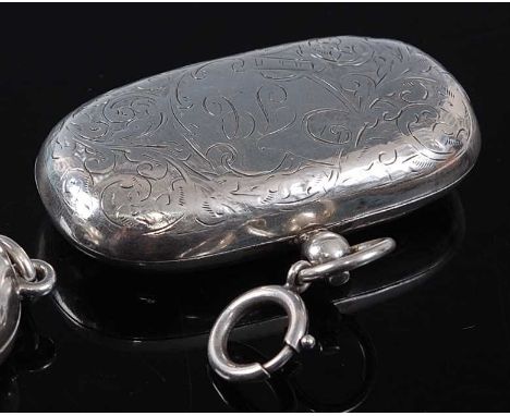 A George V silver double sovereign case, of rounded rectangular form, having all-over foliate engraved decoration and initial