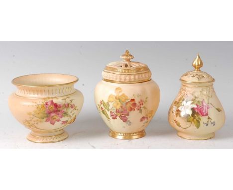 A Royal Worcester blushware pot pourri vase and cover, with inner cover, decorated with wildflowers on a blush ground and hei