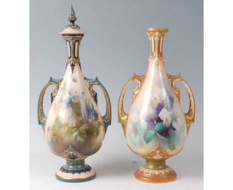 A matched pair of Royal Worcester and Hadley's Worcester twin handled slender neck vases, one with cover, each decorated with