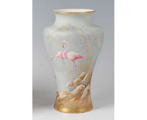A Royal Worcester porcelain Sabrina ware vase, decorated with pink flamingos wading in a rock-pool by C Johnson, shape No.219