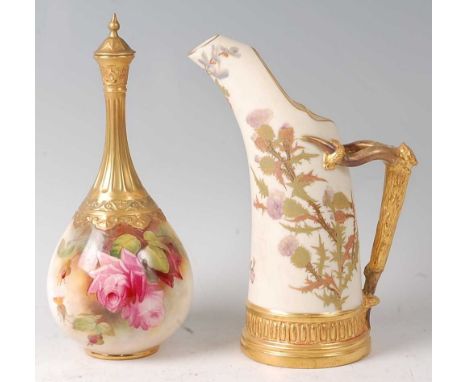 A Royal Worcester porcelain bottle vase and cover, having a fluted slender neck, decorated with pink and red roses by W H Aus