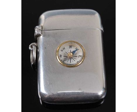 A late Victorian silver vesta, of hinged rectangular form, the cover inset with a compass dial, maker Sampson Mordan & Co, Lo