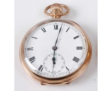 A gents 9ct gold cased open faced pocket watch, having unsigned white enamel dial with subsidiary seconds dial, keyless 15-je