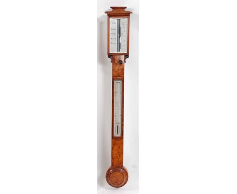 L Dixey of Brighton - a Victorian figured walnut cased stick barometer, having signed ivory scale and further thermometer dia