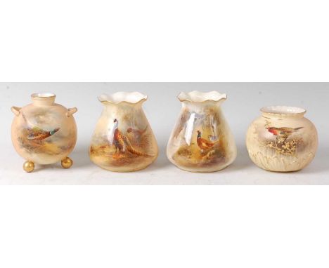 A Royal Worcester globular vase, on three gilded ball feet, decorated by James Stinton with a pheasant in a landscape on a sh