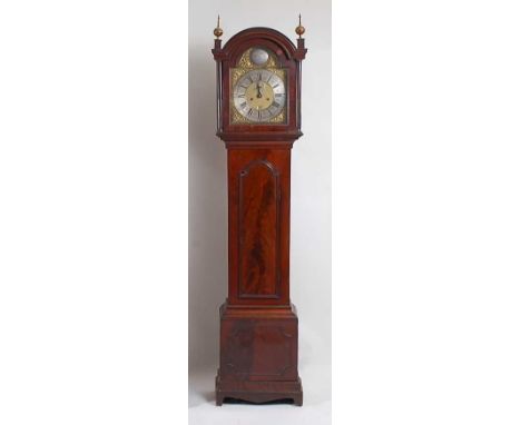 A George III mahogany longcase clock, the London case having a domed hood, stop-fluted pilasters flanking 12" unsigned arched