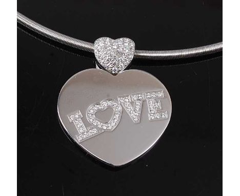 An 18ct white gold Chopard 'Love' pendant, featuring a 31x28mm heart shaped pendant with the word Love set with 46 round bril