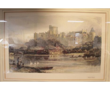Large Gilt Framed coloured print of Windsor Castle etched by David Law. 72 x 46cm 