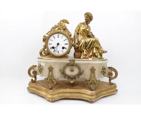 Good Quality 19thC Gilt Ormolu on white marble mantle clock with pillar dial over Gilt gesso base, pendulum and key. 34cm in 