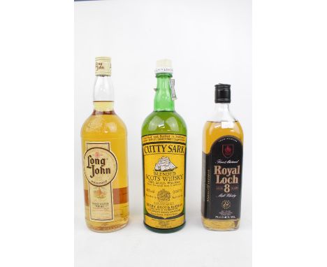 3 Bottles of Whisky to include; Cutty Sark 0.947lt Scotch Whisky, Royal Loch 8 Year 75cl and Long John MacDonald Whisky 1lt 