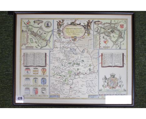 Framed Huntingdonshire limited edition Cromwell print, Suffolk Print and a framed reproduction map of Huntington after Speed 