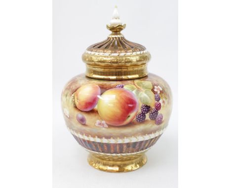 A Royal Worcester fruit painted Pot Pourri vase / jar and cover, basket molded with interior cover, signed J. Bowman, marked 