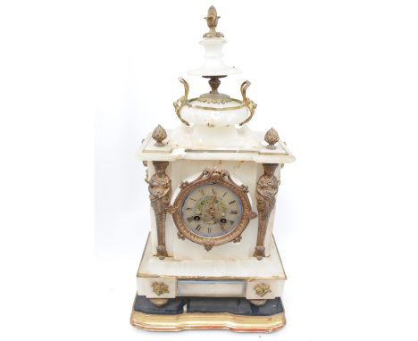 French Alabaster mantle clock with gilt Ormolu detail over wooden gesso base. 47cm in Height