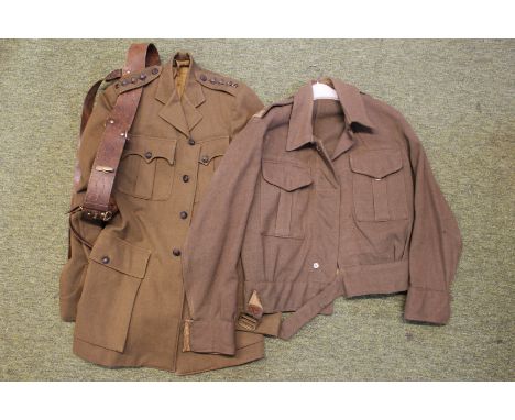 Two WW2 Army battle dress jacket, a larger jacket and belt