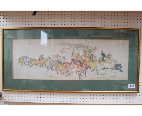 Chinese framed print of a horse herder with character mark to bottom left. 65 x 22cm 