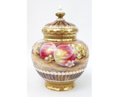 A Royal Worcester fruit painted Pot Pourri vase / jar and cover, basket molded with interior cover, signed S. Wood, marked 12