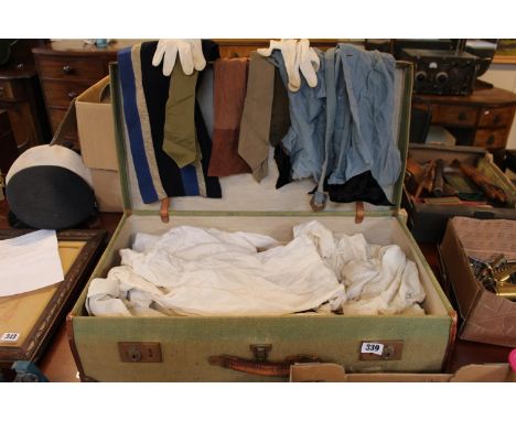 Suitcase containing Vintage WW2 and later clothing, dress, stockings, collarless shirts, University Scarf etc 