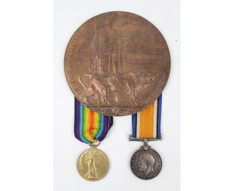 WWI Victory &amp; War Medal with Death Plaque for Private Harry Webster 473309 of 6th Battalion Leicestershire Regiment 
