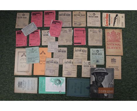 WW2 Ration Books, Civil Defence Leaflets, Plan of Sten Gun, Battle of Britain, 8th Army Books etc 