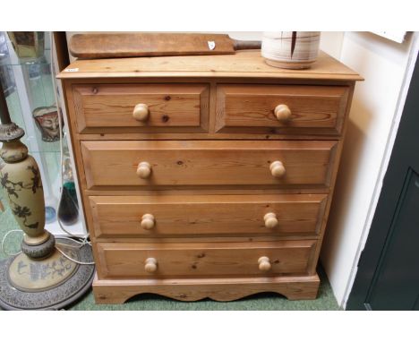 20thC Pine chest of 2 over 3 drawers with turned handles and bracket base 