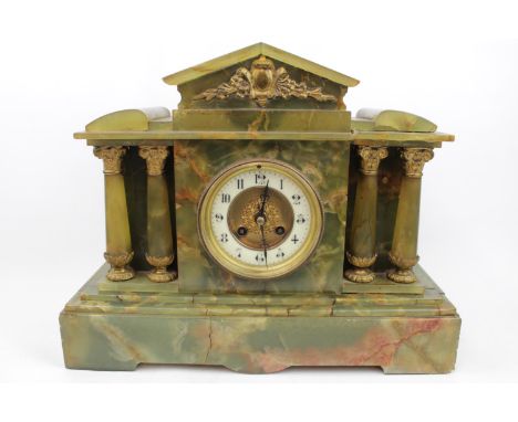 Victorian Green Onyx Pillar supported mantel clock with applied gilt metal detail and matching 2 branch candelabras 