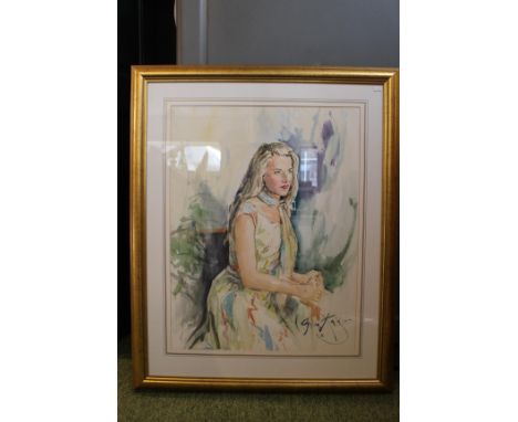 Michel J Barton signed original watercolour portrait of Caroline Leigh-Cavanagh, with certificates of authenticity and photog